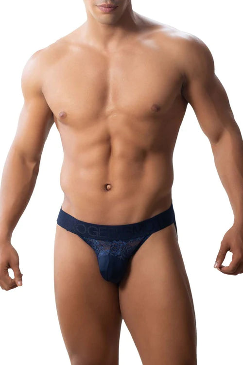 Dark blue lace thong with a smooth elastic waistband featured in roger smuth rs005 jockstrap color blue collection