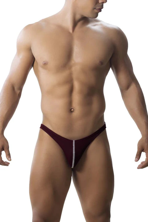 Maroon roger smuth rs018-1 jockstrap thong with white vertical stripe down the center designed for support