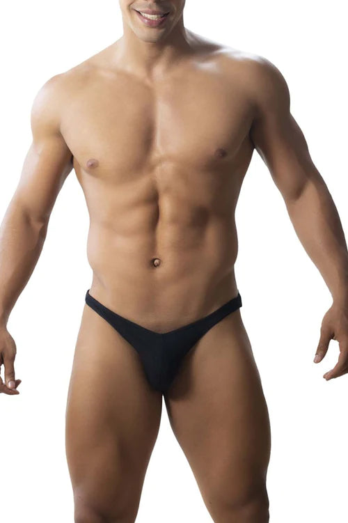 Black roger smuth rs018 jockstrap showing back side with form-fitting smooth stretchy thong fabric