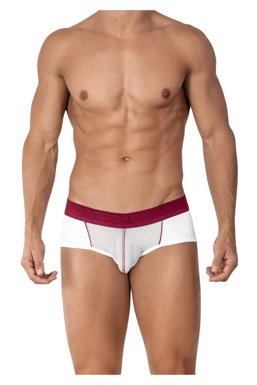 White briefs with maroon waistband and mesh detailing from roger smuth rs022 jockstrap color white collection