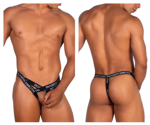 Black roger smith thong with white branding along the waistband shown from the back side for comfortable wear