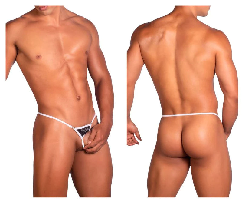 White thong with black triangular panel and kings logo designed as ball lifter underwear for support and comfort