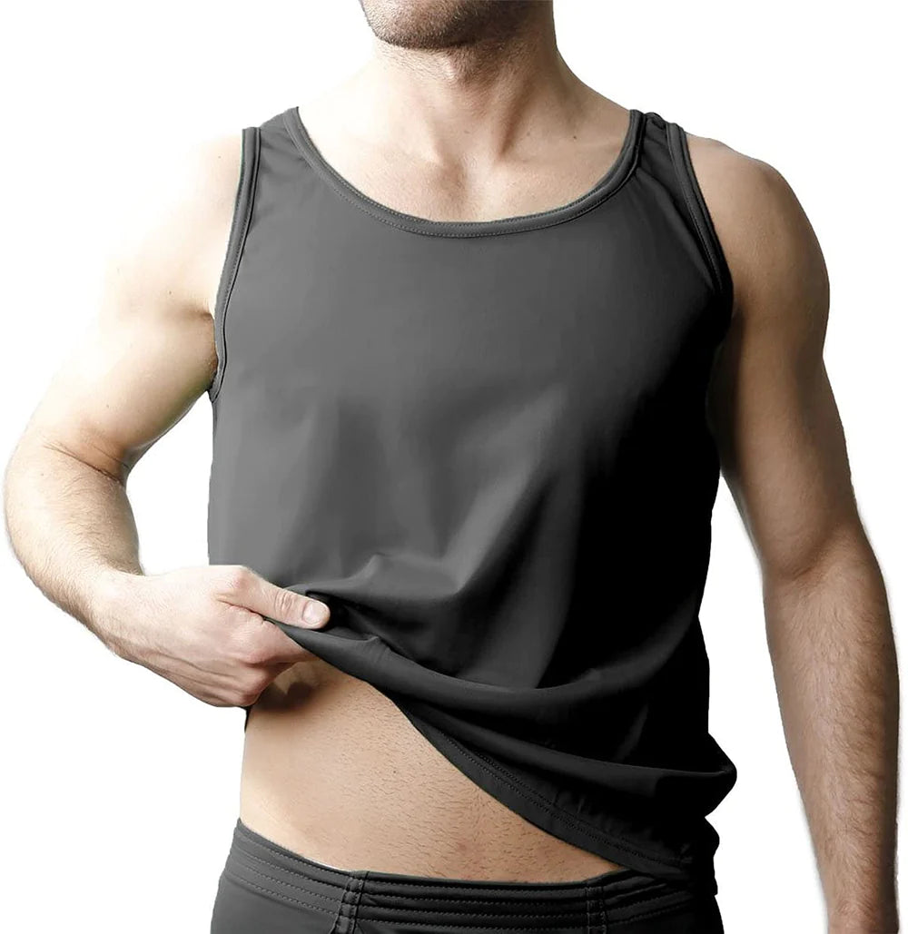 Black sleeveless athletic tank top with rounded neckline and ribbed trim made from nylon tricot for superior comfort