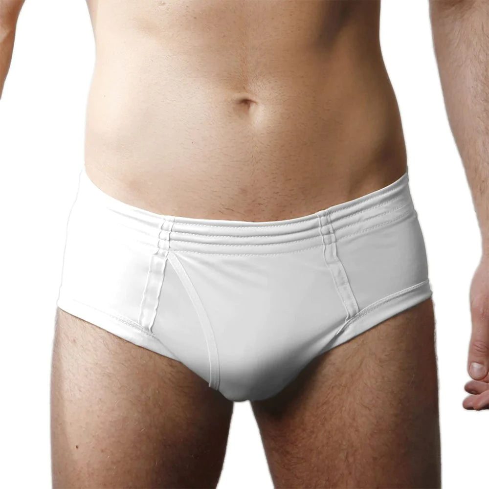 White nylon tricot briefs with smooth form fitting design and subtle stitching for ultimate comfort and performance