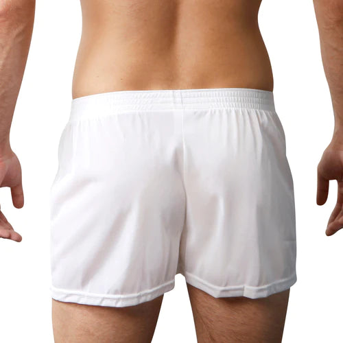 White nylon tricot boxer shorts with stretchy elastic waistband and simple design for comfortable athletic wear