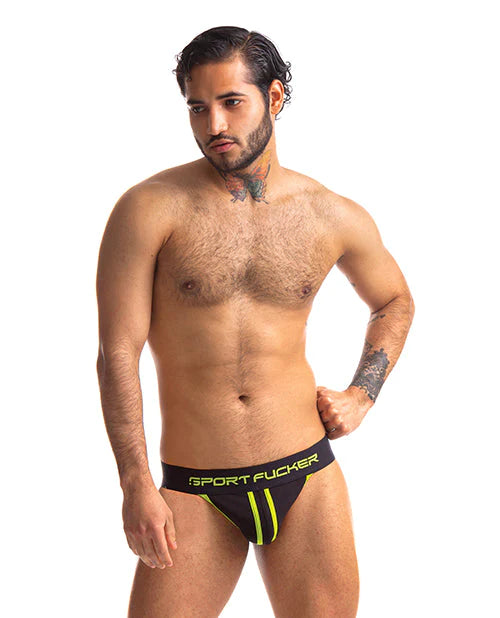 Black athletic briefs with neon green trim and sport fucker logo in neon green from sport fucker jersey jock m black green