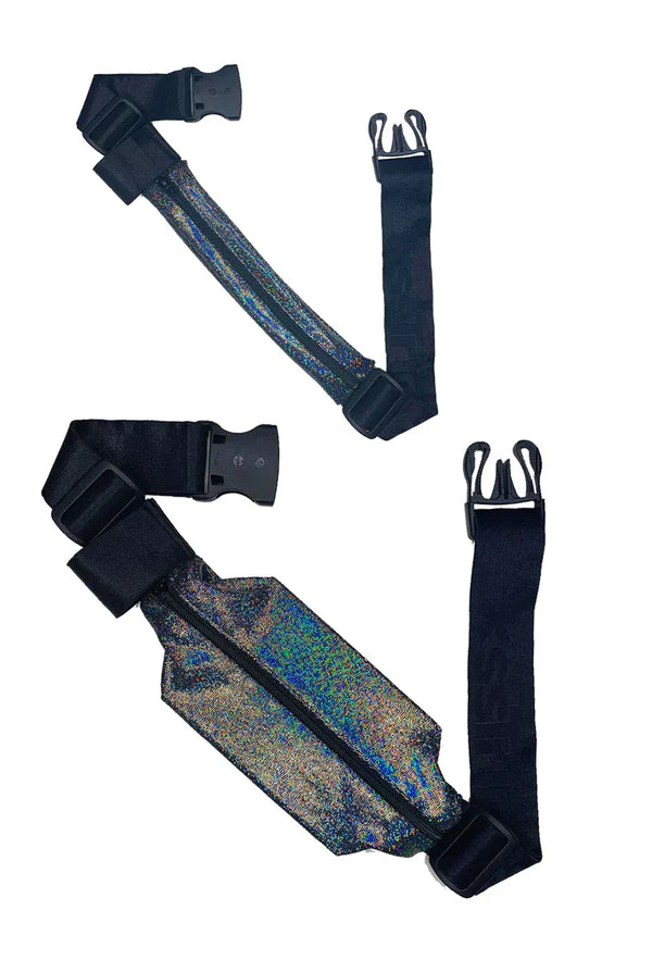 Holographic iridescent ssbag running belt with black adjustable straps and buckle closures for active lifestyles