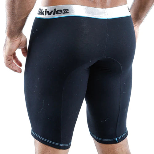 Black Skiviez cycling shorts with white waistband branded in black and light blue stitched hem for comfort and style.