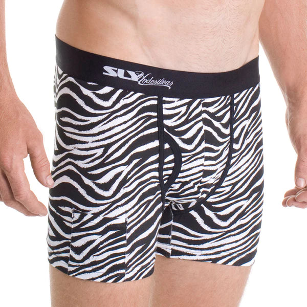 Black and white zebra print boxer briefs with black elastic waistband and sly underwear logo for comfortable stylish wear