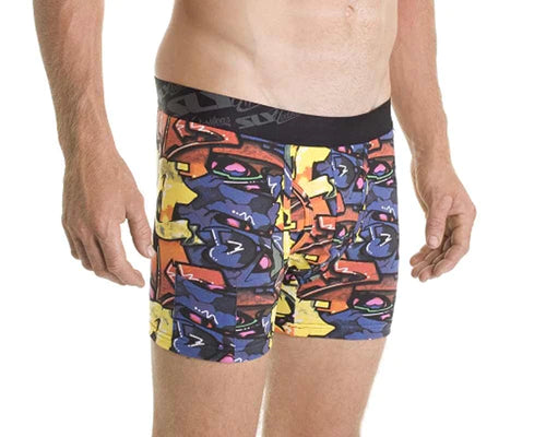 Multicolored graffiti-patterned sly sl-bugraw work boxer briefs with black elastic waistband for style and comfort