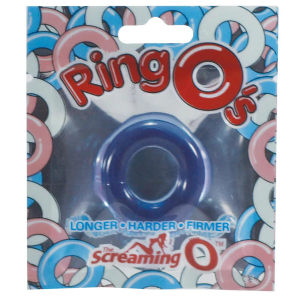 Blue translucent silicone vibrating ring in colorful ring os branded package for pleasure enhancement