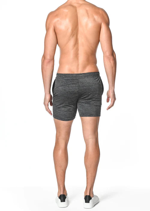 Dark gray heathered st33le space dye stretch performance athletic shorts with sleek modern design in charcoal color