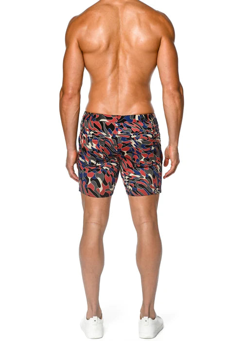 Men’s st33le limited-edition stretch knit swim trunks in brick royal with a bold abstract pattern in red navy blue and white