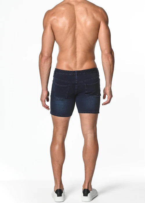Dark blue st33le washed denim stretch knit shorts with a classic five-pocket design and slightly faded wash