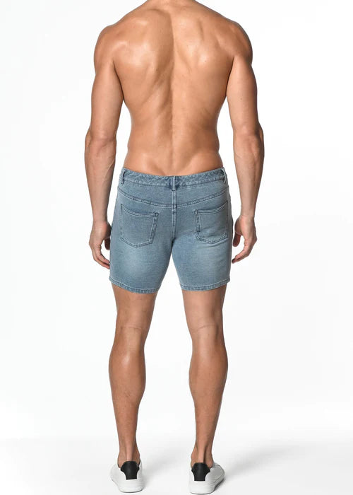 Light-wash denim stretch knit shorts with classic five-pocket design and stitched detailing for versatile comfort