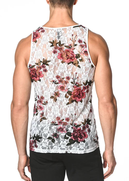 White lace tank top with pink and burgundy rose floral pattern on sheer delicate fabric for elegant wardrobe addition