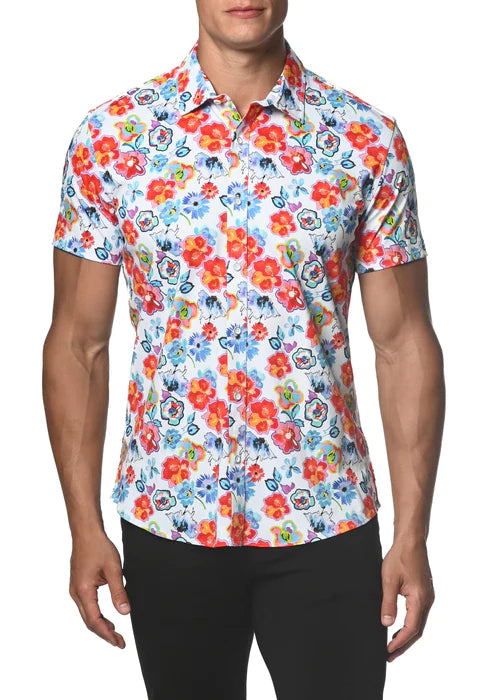 Vibrant st33le floral stretch knit short-sleeve button-up shirt with white base and bold red orange blue and green blossoms