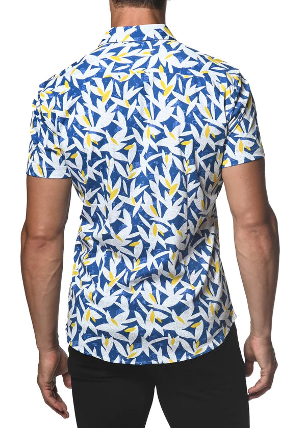 Leaves stretch knit shirt with blue white and yellow leaf pattern short-sleeved button-up for stylish comfort