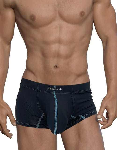 Black wildman boxer briefs with light blue stitching and mesh panels designed for well-endowed men