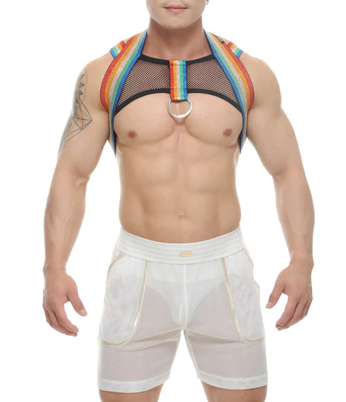 Rainbow-striped mesh study pride harness with central silver ring designed for bold and colorful wear