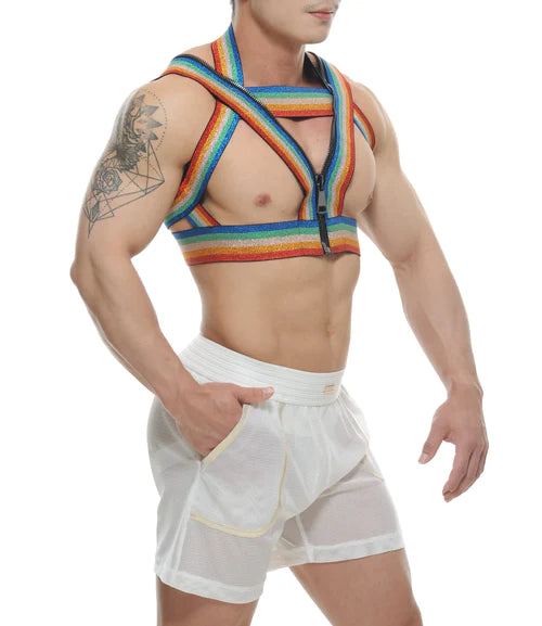 Rainbow-striped elastic harness top with central zipper and crisscross straps for pride style and support