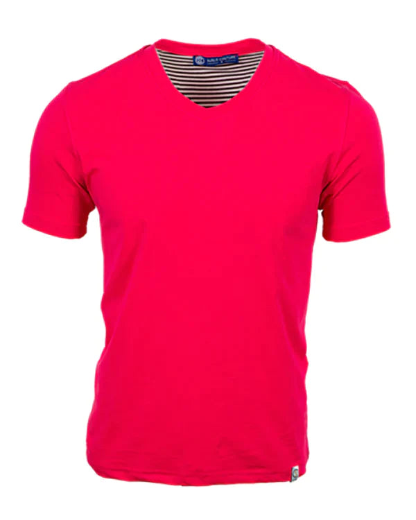 Bright pink suslo v-neck tee made of cotton with striped inner collar and small brand tag at bottom hem