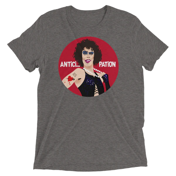 Gray heathered t-shirt featuring a circular drag queen graphic with bold makeup and black lace top on red background.