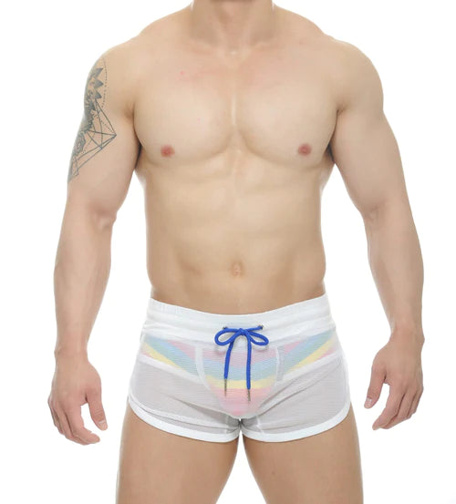 White nova mesh swim trunks with rainbow gradient pattern and blue drawstring designed for pride wear