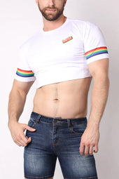 White cropped t-shirt with rainbow sleeve stripes and small unified logo celebrating pride fashion 2026 bold styles