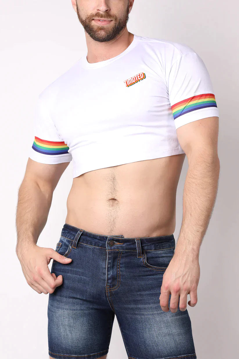 White cropped t-shirt with rainbow sleeve stripes and small unified logo celebrating pride fashion 2026 bold styles