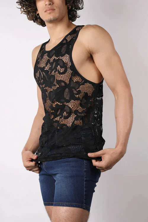 Black lace tank top with intricate floral patterns showcasing stylish and comfortable timoteo lace up mesh design
