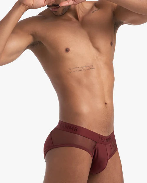 Maroon mesh briefs with a solid waistband featuring the teamn8 brand name in white lettering for a sheer brief look