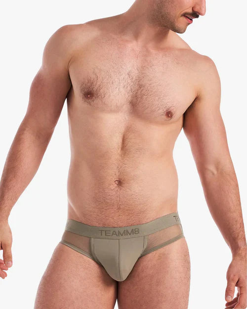 Olive green mesh briefs with teamms branding on the waistband showcasing style comfort and confidence