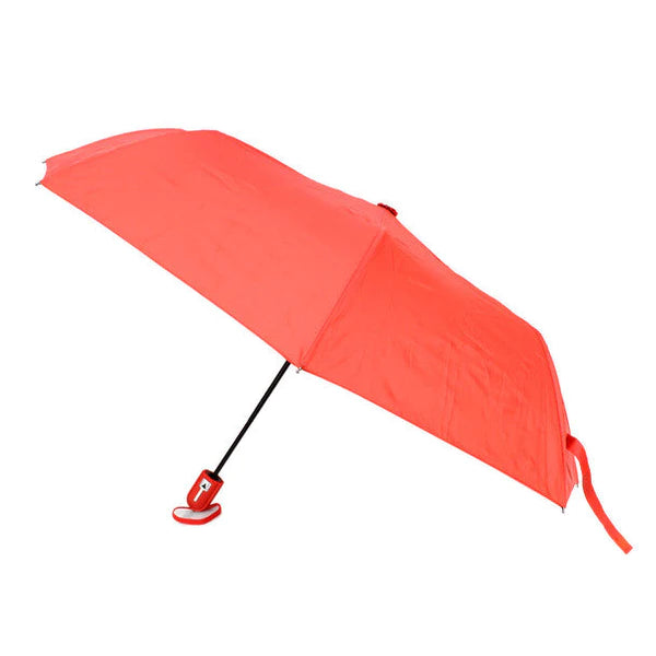 A vibrant coral-colored compact travel umbrella with a black handle and matching red clip-on base for any adventure