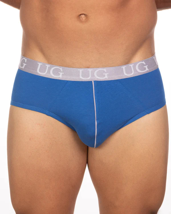 Discover the ultimate comfort with blue undergear branded briefs featuring a white vertical seam and gray ug waistband.