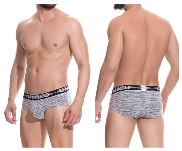 Gray and white patterned unico men’s briefs with black logo waistband offering sporty style and unmatched comfort