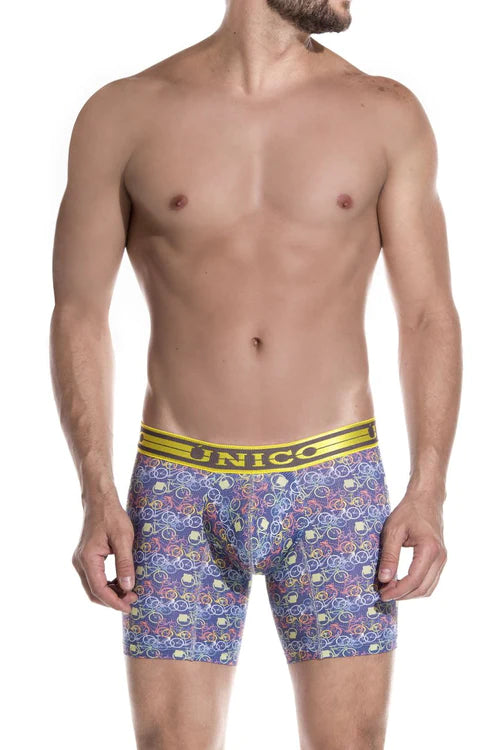 Purple unico boxer briefs with colorful bicycle wheel print and yellow elastic waistband for comfortable wear