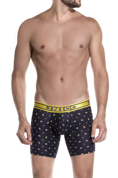 Navy blue unico 1902010023299 boxer briefs with yellow waistband and geometric patterns in black lettering.
