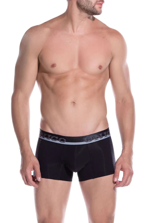 Black mens boxer briefs unico 1905010011599 with perforated side panel and gray tntco waistband in black color