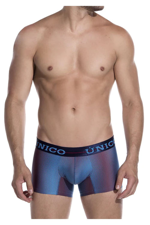 Blue and purple mesh unico trunks with black elastic waistband combining style and comfort
