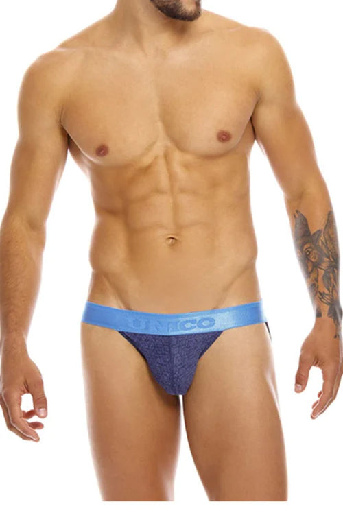 Blue patterned briefs with light blue waistband featuring the co logo from unico 20070301211 pocima jockstrap color 46-blue