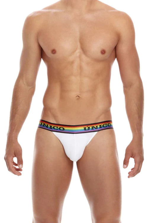 White unico briefs with rainbow-striped elastic waistband and black unico logo in the love wins jockstrap color 00-white