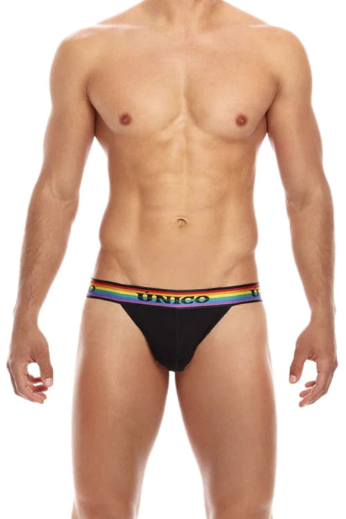 Black unico brand briefs with rainbow elastic waistband featured in unico 21050301202 love wins jockstrap color 99-black article