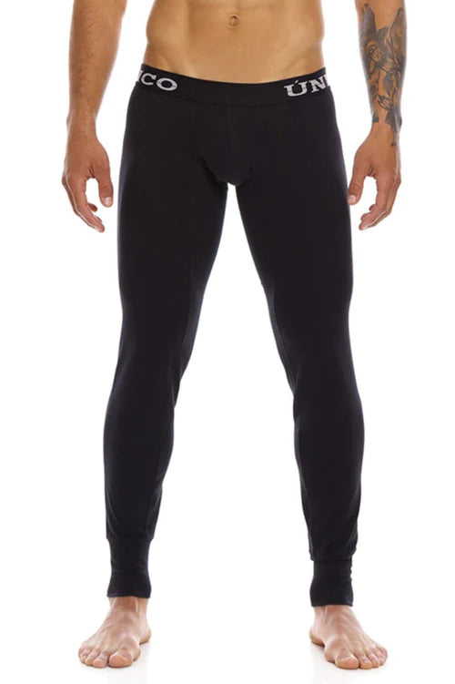 Black men’s fitted cold mountain long johns underwear with a white logo band at the waist in color 99-black