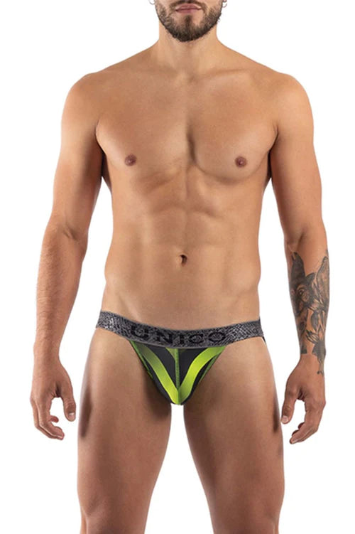 Vibrant neon green and black unico 21070301205 hive jockstrap with textured gray waistband and unico branding