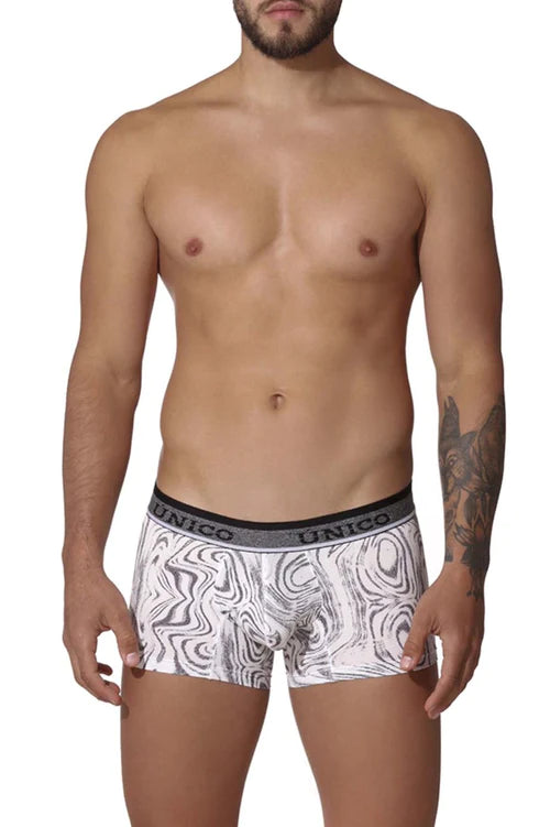 White and black patterned unico men’s boxer briefs with textured swirling design for sleek comfort and style