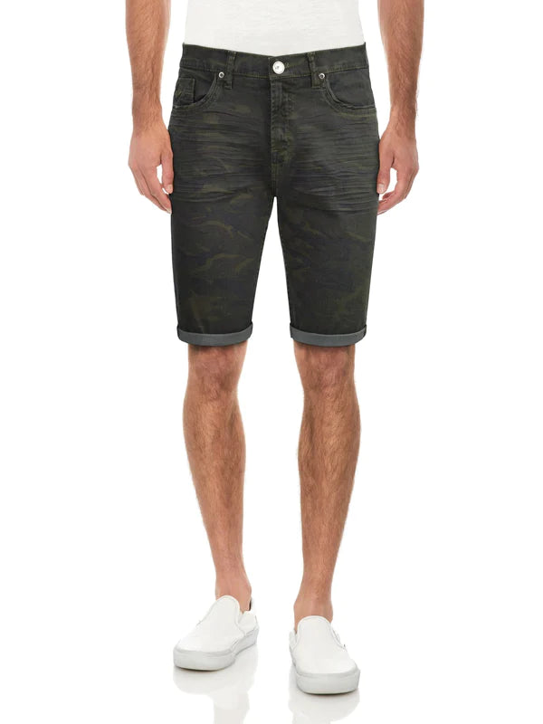 Dark green camouflage denim shorts with rolled cuffs showcasing versatile style and casual material