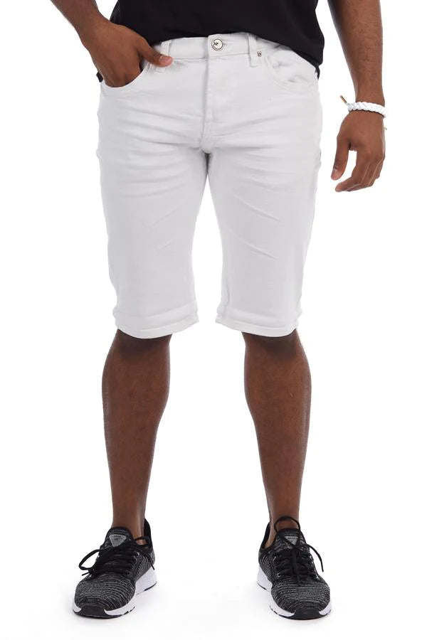 White denim shorts with a classic five-pocket design and rolled cuffs perfect for versatile stylish looks