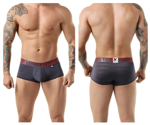 Dark gray xtremen 41305 microfiber boxer briefs with red elastic waistband featuring xtreme logo and brand emblem