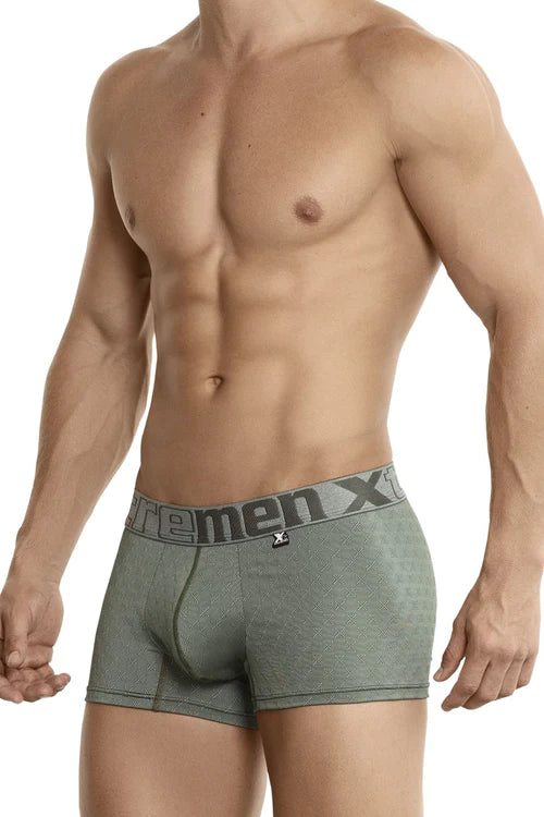 Gray patterned xtremen 51442c jacquard boxer briefs with branded waistband for active wear in green color